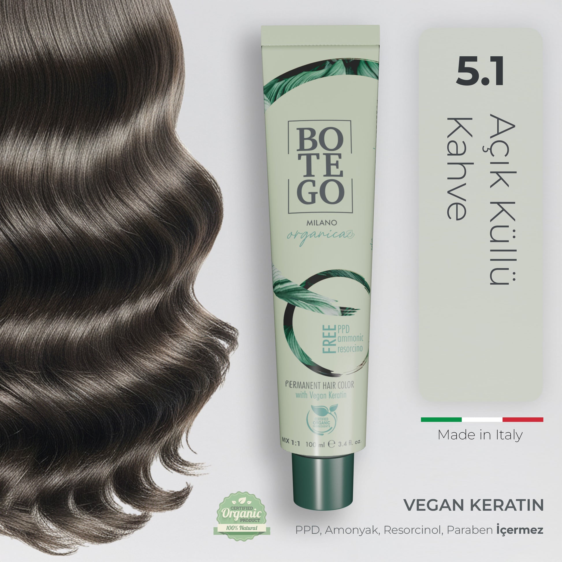 Organica Krem Organik Saç Boyası 5.1 Açık Küllü Kahve