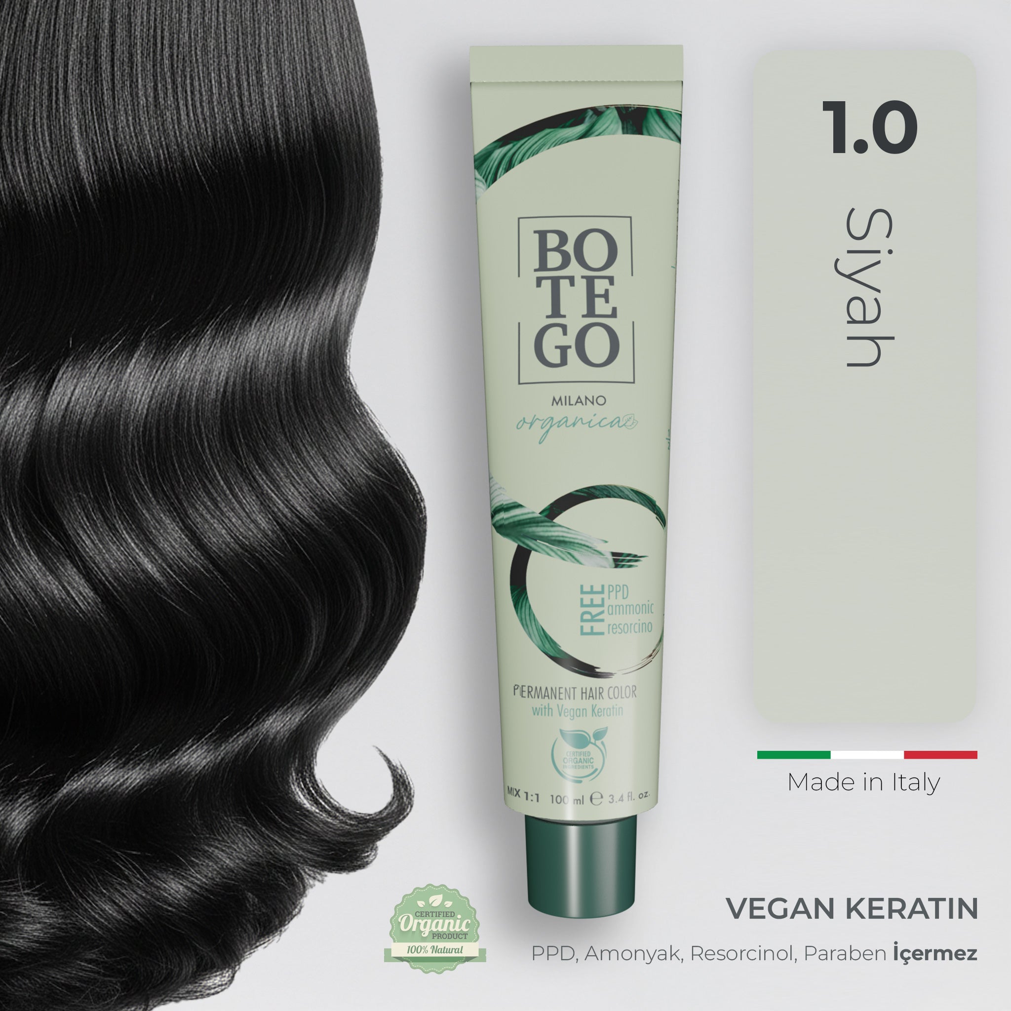 Organica Krem Organik Saç Boyası 1.0 Siyah | Botego Milano