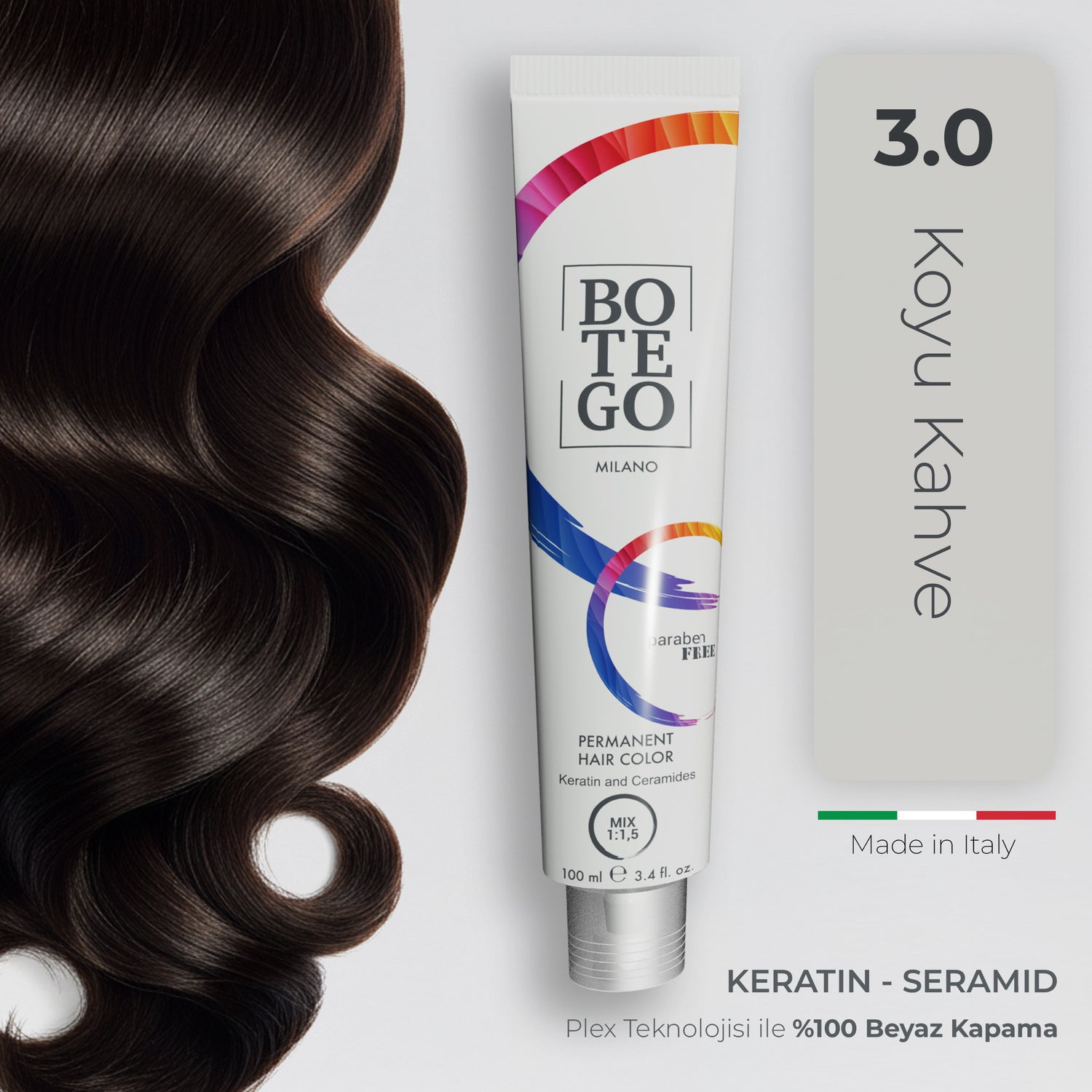 Profesyonel Krem Saç Boyası 3.0 Koyu Kahve | Botego Milano